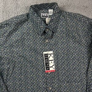 Vintage Key Elements 90's Button Shirt‎ Green Blue Long Sleeve Sz Large NOS